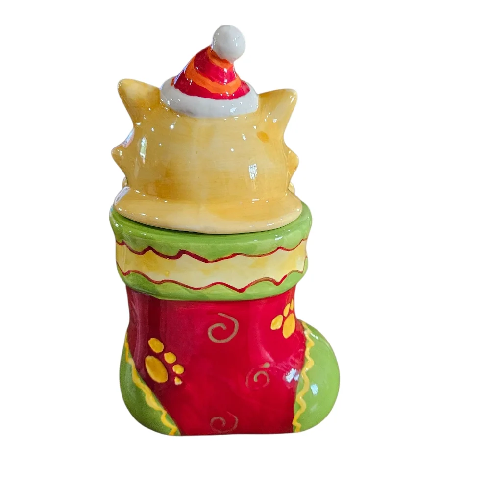 Festive Cat in Stocking Ceramic Cookie Or Treat JAR meow